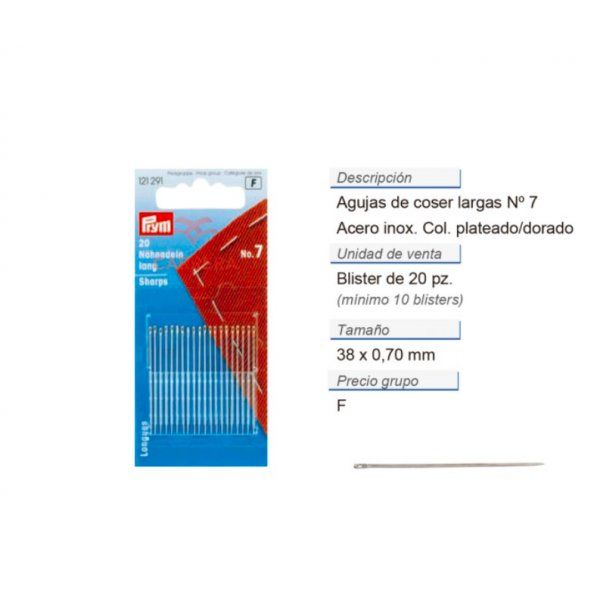 Aguja De Coser Larga no 7, 0,70 x 38 mm - PRYM Prym 1 - Tejidos Yasmina 