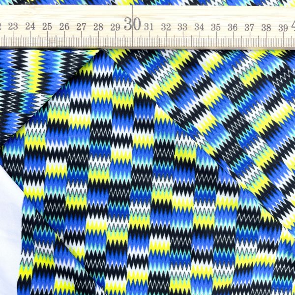 Lycra Estampada Geométrica Azul y Amarillo – Tejido Elástico Moderno [product.brand] 2 - Tejidos Yasmina 