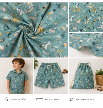 Tela Algodón Infantil Safari Animales Verde [product.brand] 4 - Tejidos Yasmina 